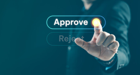 Businessmantouch correct mark to approve document and project concept. Choice between to approve or...