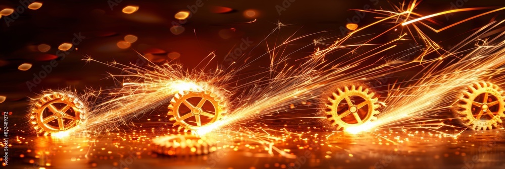 Poster dynamic gear synchronization with fiery sparks on blurred backdrop, ideal for text placement