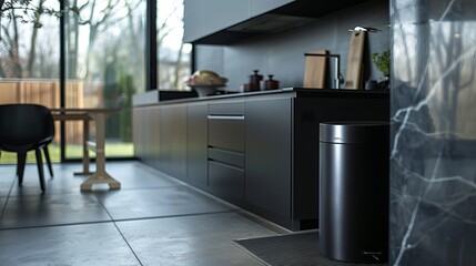 Modern kitchen interior with a black trash can