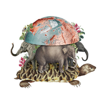 The World Supported on the Backs of Four Elephants, Themselves Resting on the Back of a Turtle - World Bearing Turtle Mythology Artwork