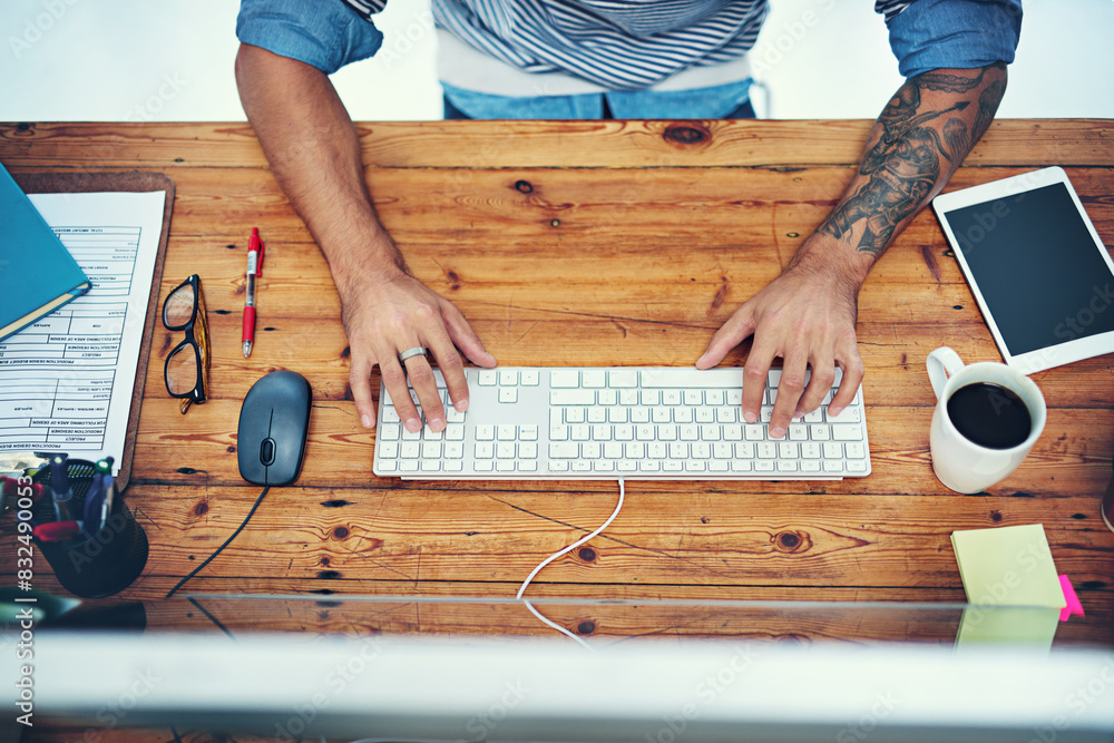 Poster man, graphic designer or hands on computer in top view for online research, productivity or technica