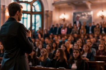 a professional conference scene with an audience attentively listening to a speaker a modern presentation hall
