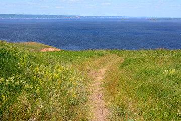a path leading to the water with a view of the ocean and a grassy hill   