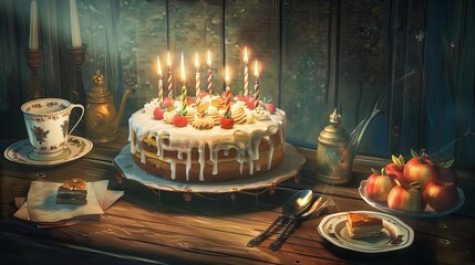 festive birthday cake with glowing candles vintage wooden table setting nostalgic still life digital painting