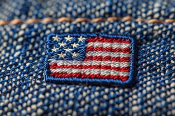 A close-up of an American flag pin on a denim jacket, representing patriotism and Independence Day in the USA. The pin's details are sharp, showcasing the stars and stripes against the textured
