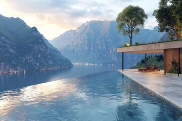Modern infinity pool with a stunning mountain view, creating a serene and luxurious outdoor retreat