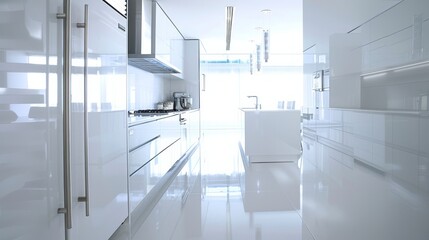Modern white kitchen with stainless steel appliances for interior design or real estate websites