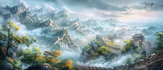 A majestic view of the Great Wall of China winding through misty mountains with scattered trees and a cloudy sky all painted in a watercolor style.
