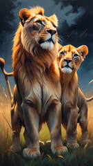 Stunning pictures where two playful little lions stand side by side with their graceful mother. great lion In a field full of life and movement Combine the endless environment of the boundless and 