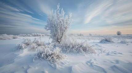 frosty winter landscape with frozen plants covered in ice and snow nature photography