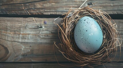 Obraz premium Colorful Easter Egg Nestled in Natural Straw Nest on Wooden Background, Embracing Simplicity and Traditional Festivities