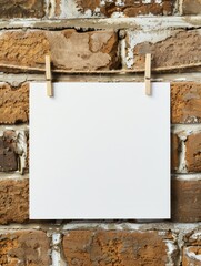 A blank card clipped to a string with clothespins, hanging in front of a brick wall. The rustic background and the simple card make it ideal for event invitations or announcements.