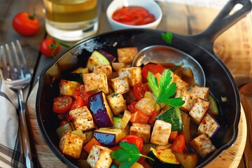 Un colorido y rústico salteado de tofu con vegetales mediterráneos, con berenjenas, calabacines, pimientos morrones y tomates cherry, aderezado con perejil fresco