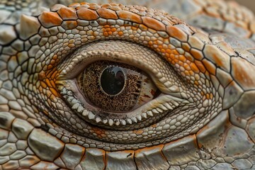 Fototapeta premium Detailed view of an iguanas eye, showcasing the scaly eyelids and sharp sight, ideal for reptilian sensory studies