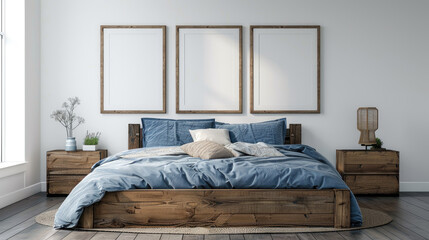 Rustic coffee table near white sofa with brown pillows against wall with two poster frames. Boho ethnic home interior design of modern living room.