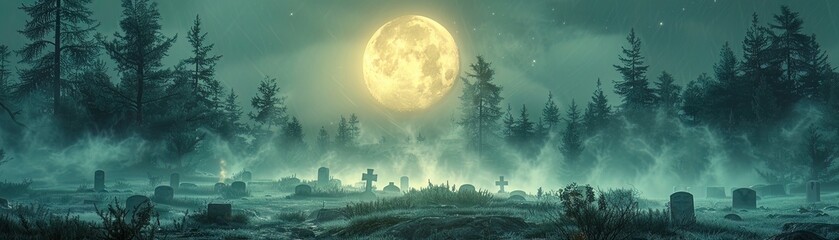 Digital landscape of a moonlit graveyard, eerie fog swirling between tombstones , overgrown grass , midnight , ghostly moonlight