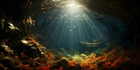 Delving into the Depths: A World of Uncharted Waters and Elusive Mysteries. Concept Exploring the Unknown, Mysterious Encounters, Underwater Adventure, Sea Creatures