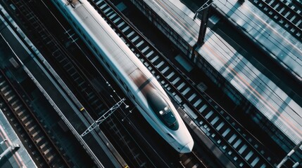 Aerial View of a High-Speed Train in Motion on Railway Tracks. Modern Transportation and Efficient Travel Concept