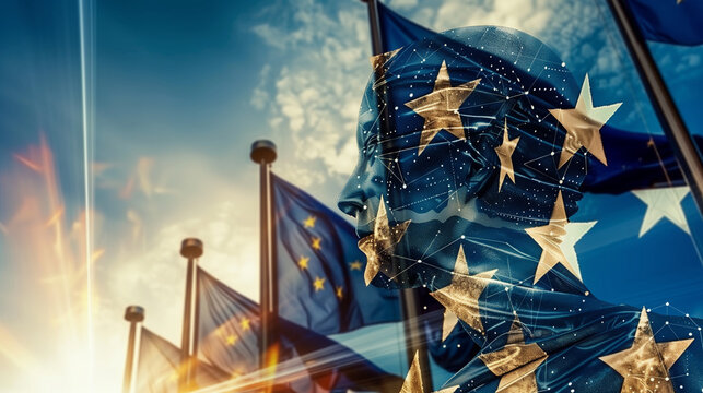 Symbols for Upcoming European Parliament Elections, European Union flag motif against a backdrop of multiple waving EU flags