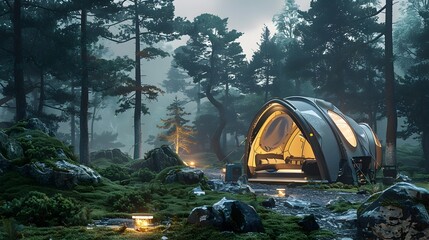 Cozy Camping Tent in Lush Forest Landscape with Campfire at Night