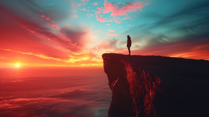 A silhouette of a person standing at the edge of a cliff during sunset, reflecting inner conflict...