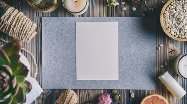 A blank card on a yoga mat with fitness accessories around, perfect for wellness or fitness-related content with a calm and healthy vibe.