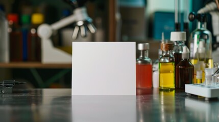 Naklejka premium A blank card on a scientist's lab table with equipment and chemical bottles, providing a professional and scientific backdrop for educational or research-related messages.