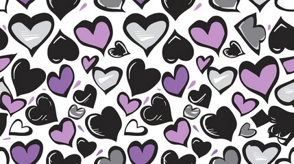 Seamless pattern of hand-drawn Asexual Pride flags and hearts, creating a supportive design with black, gray, white, and purple colors