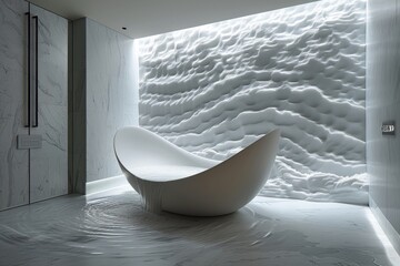 Minimalist bathroom with a sleek white bathtub and textured white walls, creating a modern and serene environment