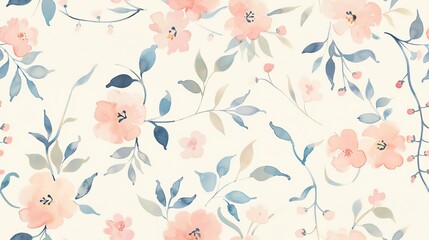 Soft pastel seamless pattern of flat watercolor blooming flowers and leafy vines, showcasing a tranquil and elegant design
