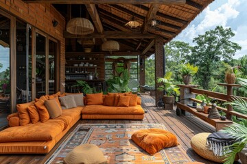 Rustic outdoor lounge with wooden furniture and lush greenery, creating a cozy and natural retreat