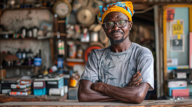 A smiling African man wearing glasses and a colorful headwrap, standing confidently with arms crossed in his workshop.