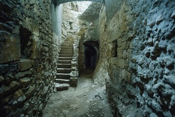 Obraz premium Ominous medieval castle dungeon with stone walls and stair access