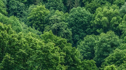 Seamless pattern depicting a lush forest scene with a dense canopy of green trees