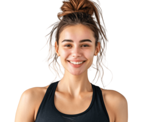 Portrait of a happy woman with gym outfit isolated on transparent background