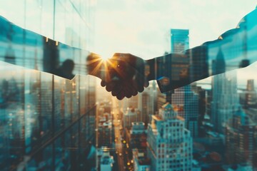 Silhouetted handshake between businessmen against a city skyline at sunset, symbolizing partnership, agreement, and professional collaboration.

