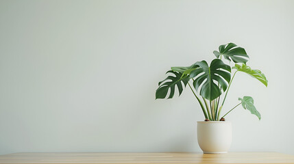 Beautiful monstera flower in a white pot stands, generative ai