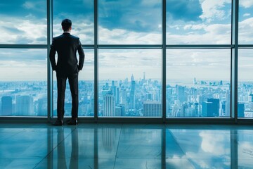 Fototapeta premium A businessman in a formal suit standing in front of a large glass window, with a cityscape view and ample space for copy space on the right side.