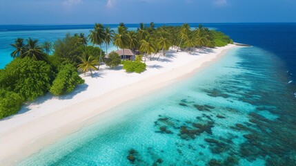 Obraz premium Tropical island with luxury beach resorts, vibrant coral reefs and lush greenery