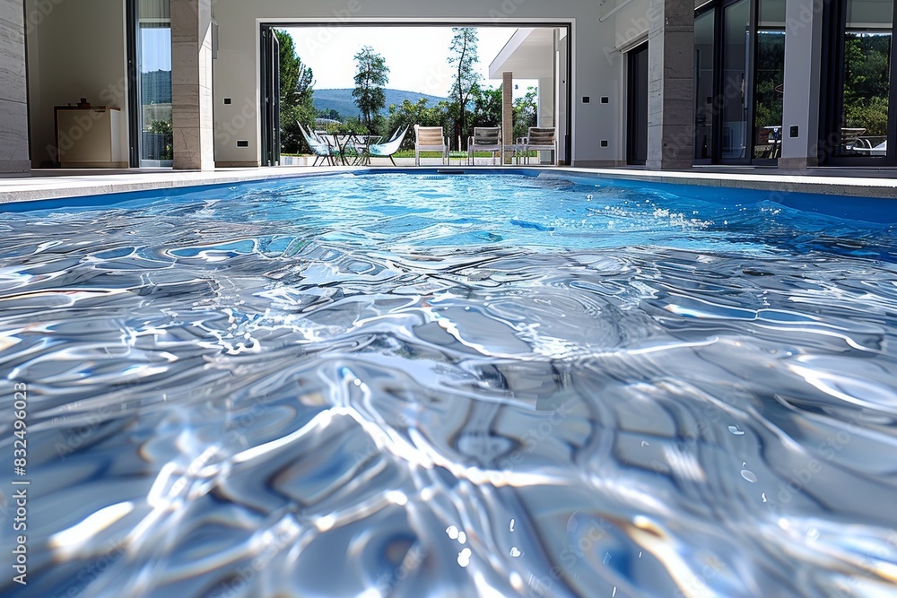 Poster close up of a sparkling blue pool with rippling water, creating a refreshing and inviting atmosphere