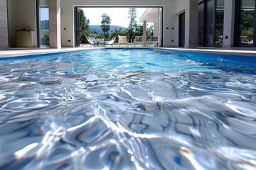 Close up of a sparkling blue pool with rippling water, creating a refreshing and inviting atmosphere