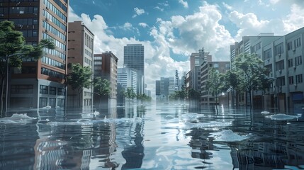 Flooded Urban Skyline with Skyscrapers and Reflections in Water