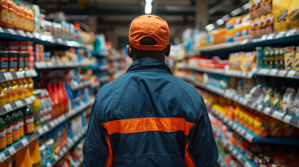 Obraz premium A retail worker in uniform standing with their back to the camera, looking at a well-organized store with neatly arranged products, representing customer service and retail management. 
