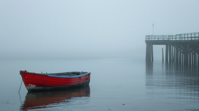 A Misty Day by the River Blyth in Southwold Suffolk Featuring a Pier and Red Fishing Boat