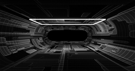 Fototapeta premium Futuristic low poly sci-fi laboratory or spaceship corridor with neon light. Vector illustration