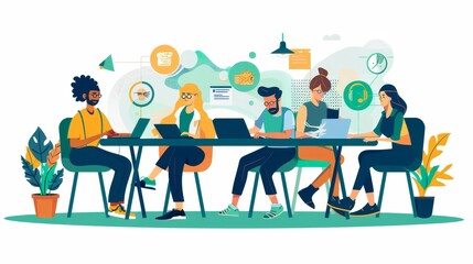 A group of diverse people collaborating in a virtual workspace generated by AI