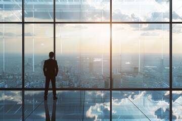 Fototapeta premium A businessman in a formal suit standing in front of a large glass window, with a cityscape view and ample space for copy space on the right side.