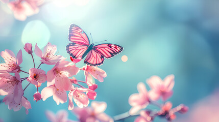 Beautiful pink butterfly and cherry blossom branches, generative ai