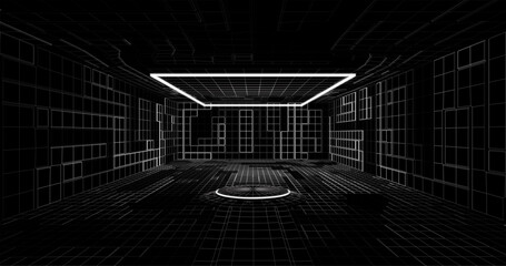 Futuristic low poly sci-fi laboratory or spaceship corridor with neon light. Vector illustration