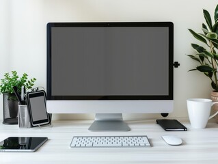 A professional workspace with a desktop computer, a phone, and office supplies neatly arranged, with a significant amount of blank space above for text.